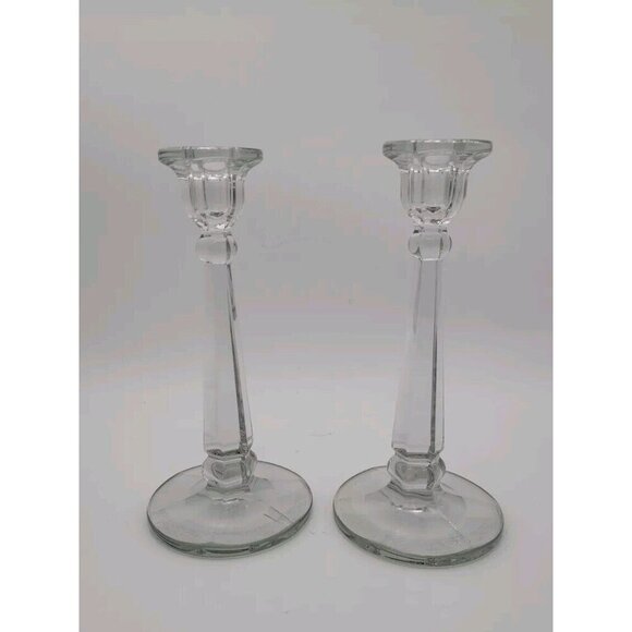 Vintage Cut Crystal and Etched Base Heisey Candlesticks 10 Inch With Diamond H - Picture 1 of 9